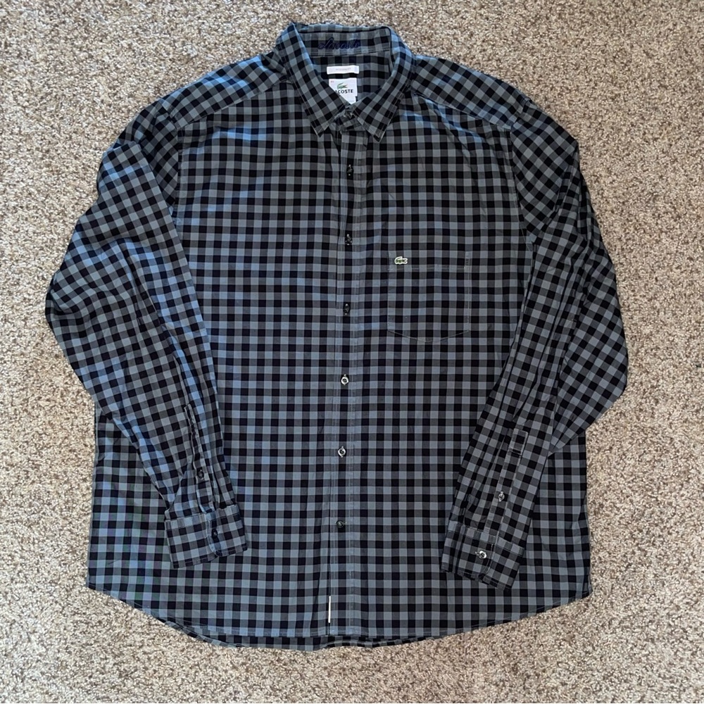 Lacoste Shirt Mens 46 Gray Check Modern Fit Long Sleeve Button Down Gray Black - Picture 1 of 9